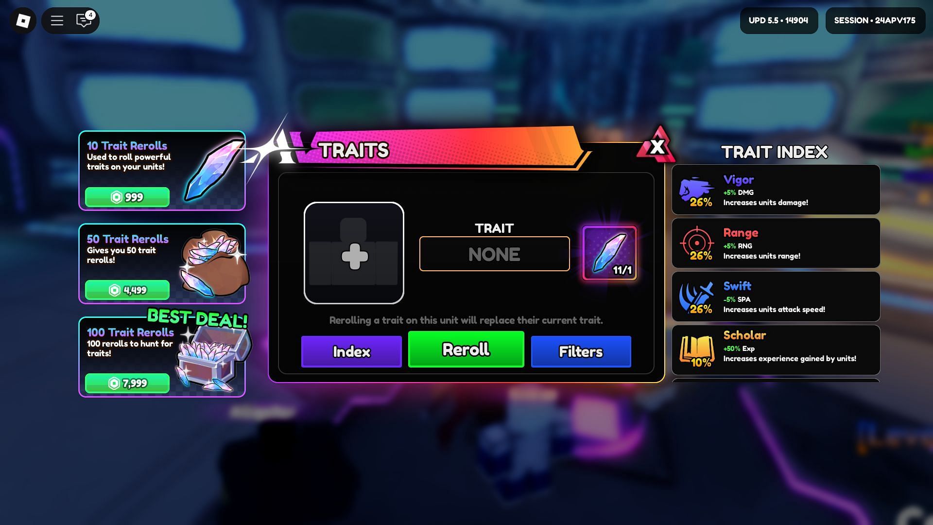 The Trait Rerolls screen (Image via Roblox)